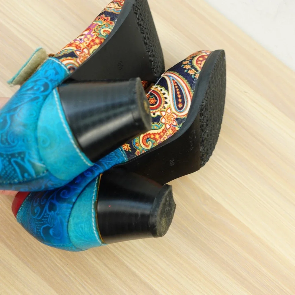 Paisley Mary Jane Pumps Womens 8 Blue Boho Festival Block Heel Artisan SOCOFY 39